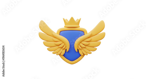 3D render of a royal golden shield with majestic wings and a king crown on a white background. Blue emblem representing achievement, victory, rank, and security for gaming or business branding.