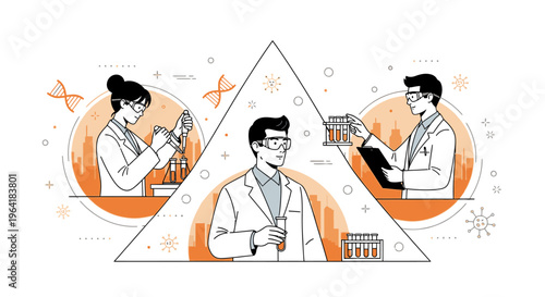 Scientists in lab coats work on experiments and research with test tubes and equipment in a laboratory setting with colleagues