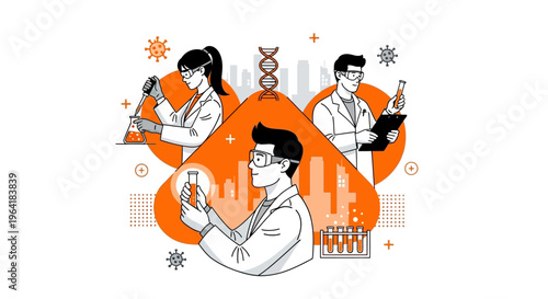 Scientists in lab coats examine samples with pipettes and microscopes in a laboratory setting with various equipment and symbols.