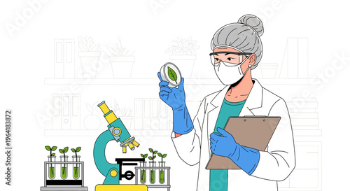 A scientist examines a green sample in a laboratory setting with a microscope and plants