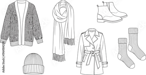 Womens autumn and winter fashion collection featuring a trench coat cardigan scarf beanie boots and socks presented as flat outline vector illustrations for design projects