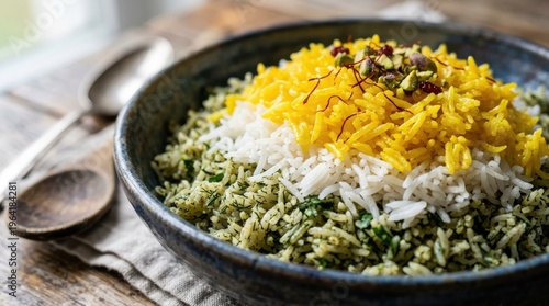Colorful Persian Herb Rice with Saffron and Pistachios in Rustic Bowl