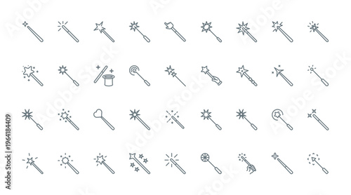 Magic wand thin line icons set vector illustration. Linear pictograms of wizards hand and hat for illusion tricks with stars and sparkles effect, magician outline symbols of imagination and miracle