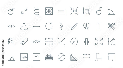 Dimension, area and measure thin black line icons set vector illustration. Outline infographic pictograms of length, height and width measurement, circular and straight lines with arrows and scales