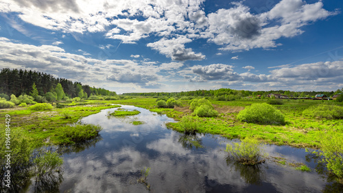 Fotografie Blue sky with clouds reflects in calm, green wetlands