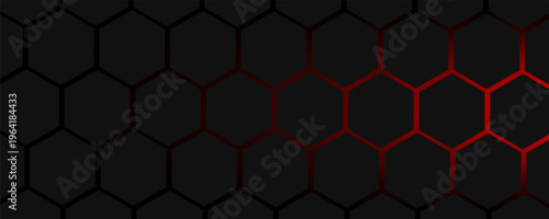 Abstract dark hexagon pattern on red neon background technology style. Modern futuristic geometric shape web banner design. You can use for cover template, poster, flyer, print ad. Vector illustration