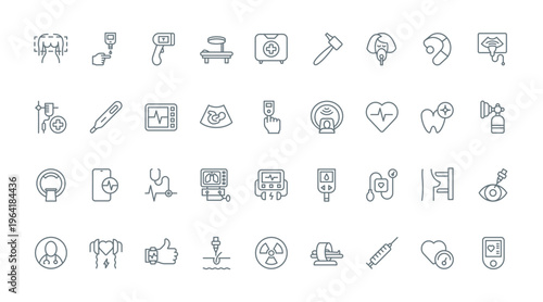 Medical devices thin line icons set vector illustration. Outline equipment and machine work to monitor health and diagnosis of patient, hospital EKG and glucometer, ultrasound scanner and thermometer