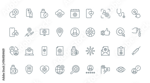 Digital medicine line icons set vector illustration. Abstract thin outline medical symbols and telemedicine collection, online communication between doctor and patient for diagnosis by phone, laptop