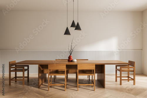 Minimalist wooden dining interior featuring long table, modern chairs, pendant lights and calm neutral space in contemporary design architecture concept. 3D Rendering