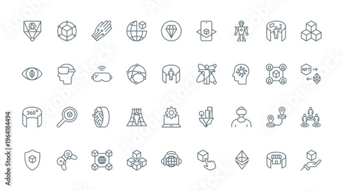 Metaverse thin line icons set vector illustration. Outline pictograms of VR glasses for virtual world simulation with 360 round view, innovation headset for video game, blockchain and NFT symbols