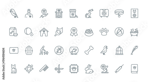 Pet care and food, vet supplies thin line icons set vector illustration. Outline toys for animal friends, bird and fish in aquarium, veterinary doctor and carrier, pet friendly pictogram collection