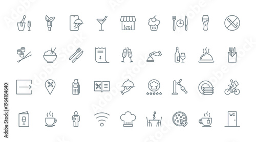 Restaurant thin line icons set vector illustration. Outline pictograms of serving breakfast, lunch or dinner meal and coffee break, online order in smartphone app and food delivery, menu and payment