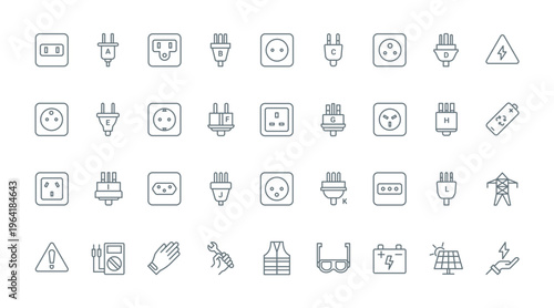 Electric power socket types thin line icons set vector illustration. Outline symbols collection of world standards for outlets of different country, safety gear, equipment of electrician and battery