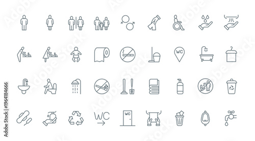 Restroom and toilet thin line icons set vector illustration. Outline public WC and bathroom signage, gender pictogram and accessibility for people in wheelchair, symbols of paper towel and hygiene