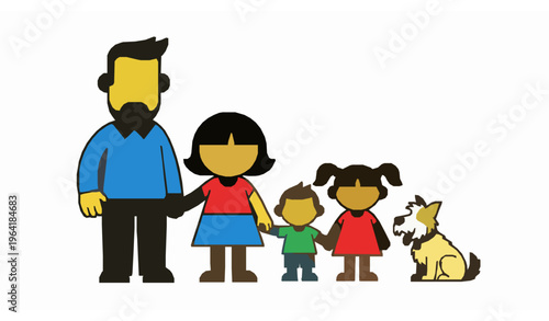 Cute cartoon family member group vector illustration with parents children and pet isolated on white