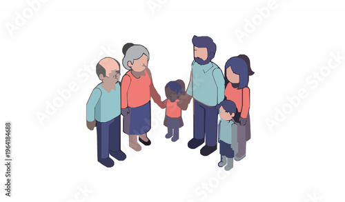 Isometric family group vector illustration with parents grandparents and children isolated on white