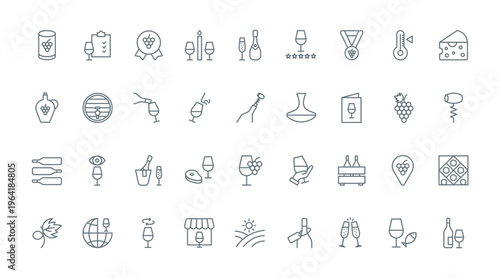 Wine thin line icons set vector illustration. Outline storage and tasting of grape wine, winery and cellar barrel, wineglass and bottle of alcohol, bar and restaurant menu to taste drink, test smell