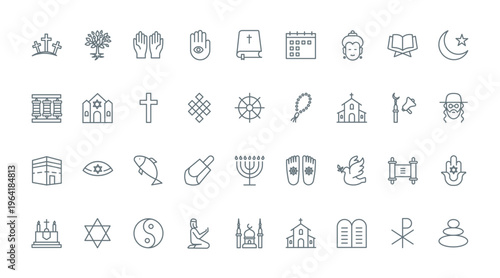 World religions thin black line icons set vector illustration. Outline symbols, holy books and temples of Buddhism and Christianity, Islam and Judaism, religious pictograms collection for praying