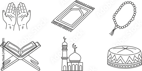 Set of Islamic religious symbols featuring minimalist outline vector icons for prayer and worship isolated on a clean white background