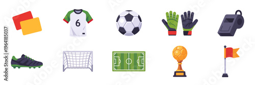 Set of football and referee icons, soccer field equipment, player uniform, match symbols, trophy and accessories, colorful collection with vector flat illustrations