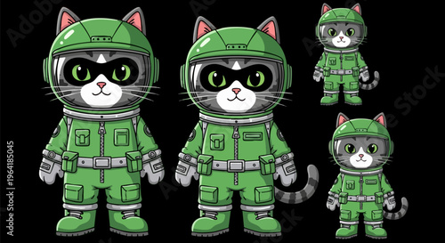 Futuristic space cat mascot vector, cute feline astronaut in green military flight suit, cartoon kitty pilot character set on black background