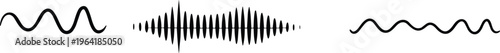 Audio waveform set with sine waves and sound pulse, black signal lines isolated on white background, music frequency visualization vector illustration for technology design