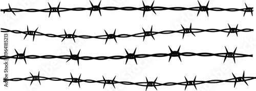 Barbed wire lines collection, black sharp fence elements isolated on white background, security barrier and danger concept vector illustration for industrial design use