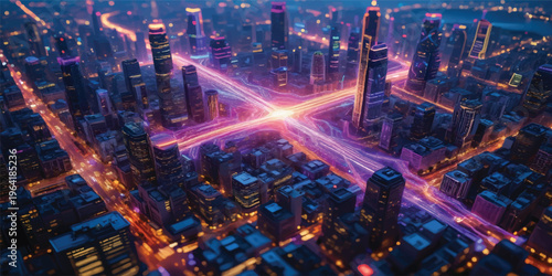 An aerial view of the glowing Bangkok city skyline at dusk reveals vibrant urban traffic and architecture across the downtown skyscraper landscape in Thailand