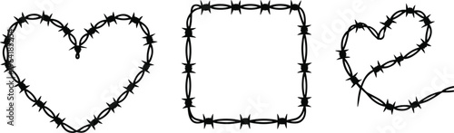 Barbed wire heart and square frame silhouettes set, black sharp fence shapes isolated on white background, creative love and security concept vector illustration