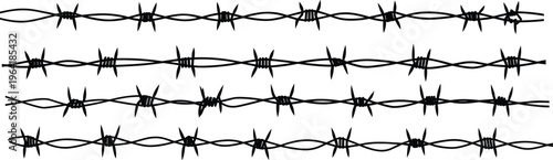 Barbed wire seamless pattern set, black sharp fence lines isolated on white background, security barrier design elements for industrial and danger concept vector