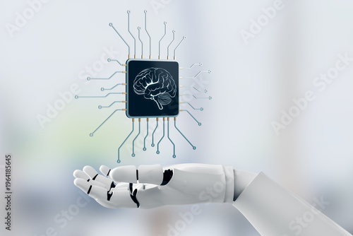 Robotic hand presenting futuristic artificial intelligence microchip with glowing brain circuitry symbolizing advanced technology innovation concept. 3D Rendering
