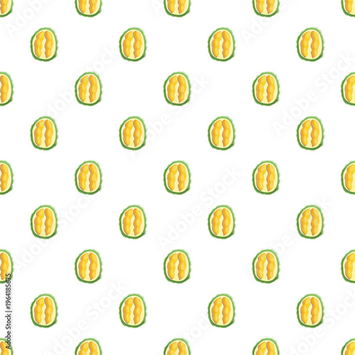 Durian fruit halves with yellow flesh and green shell arranging in a tropical seamless pattern
