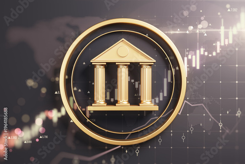 Photos Golden banking institution symbol in circular frame over financial chart background representing corporate finance concept