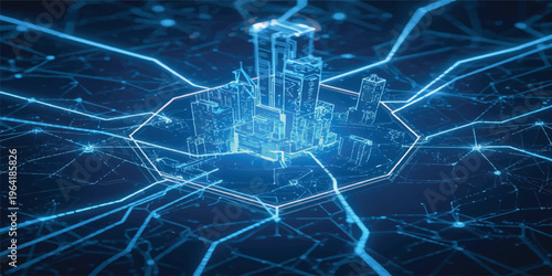 Digital technology blueprint and architectural design featuring an abstract blue hand background with technical engineering lines for a modern construction project drawing