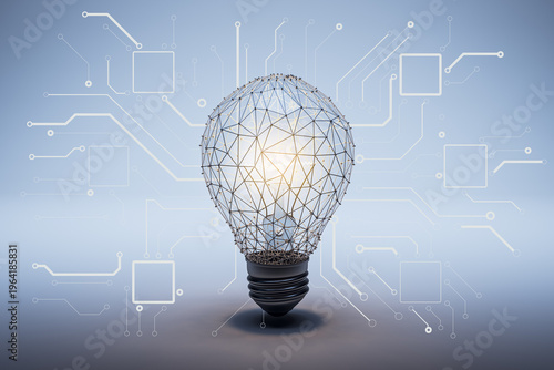 Innovative technology lightbulb concept with abstract digital connections forming a creative electric idea symbol on a modern background. 3D Rendering