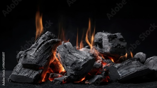 Flaming charcoal briquettes in a grill, macro view of burning embers with sparks, warm fire glow, ideal for barbecue-themed designs, food packaging, or camping visuals.