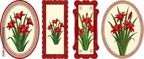 Vintage red lily floral frames, elegant botanical amaryllis flower vector set, 4 decorative borders for greeting cards and wedding invitations