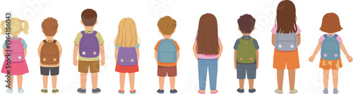 School children with backpacks rear view collection, diverse kids standing in row isolated on white background, education concept vector illustration for back to school design
