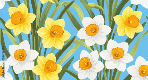 Spring daffodil seamless pattern vector, yellow and white narcissus flowers on blue background, botanical floral wallpaper for textile design