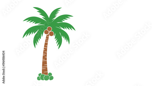Tropical illustration of a vibrant palm tree with ripe coconuts, rooted in a cluster of small cacti, symbolizing a desert oasis or coastal landscape.