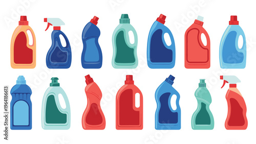 Colorful collection of various plastic bottles filled with cleaning solutions, showcasing a wide range of household detergents and sanitizers.