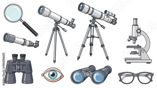 Comprehensive collection of optical instruments including magnifying glasses, telescopes, binoculars, and a microscope, for observation and scientific study.