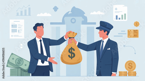 Businessman and banker exchanging money bag in front of a financial building with graphs and money symbols