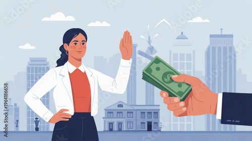 Businesswoman refusing bribe money in city setting with corporate buildings