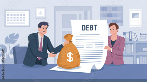 Businessman and woman discuss debt financing with money bag on office desk