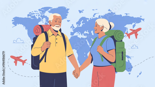 Senior couple holding hands with backpacks traveling around the world