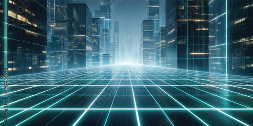 An abstract blue futuristic city background featuring a digital data network and motion light patterns for modern business communication and virtual technology web design