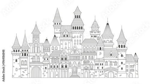 Intricately detailed black and white line drawing of a majestic fantasy castle or historical city, featuring numerous towers and architectural elements.