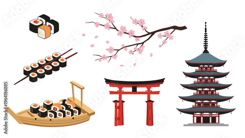 Vibrant collection of Japanese cultural elements, including various sushi dishes, delicate cherry blossoms, a traditional Torii gate, and a pagoda.