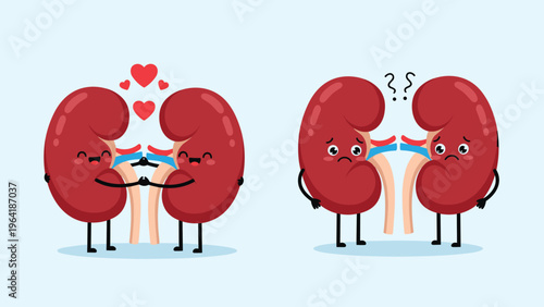 Comical illustration of cartoon kidneys depicting both healthy (loving and connected) and unhealthy (sad and detached) states, for educational purposes.